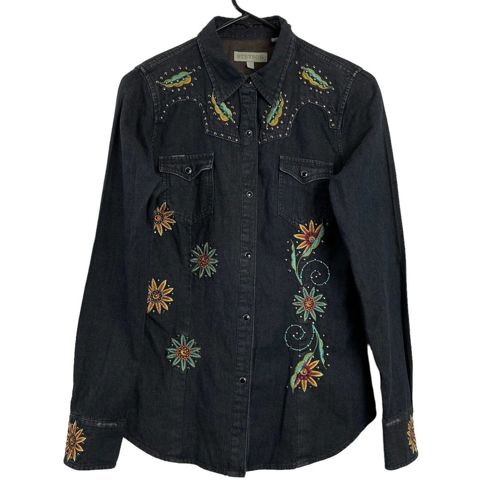 Stetson Womens Denim Embroidered Snap Front Long Sleeve Shirt S Small Floral